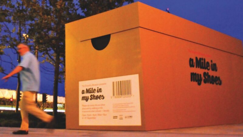 A photo of a human-sized shoe box for the a Mile in my Shoes exhibition