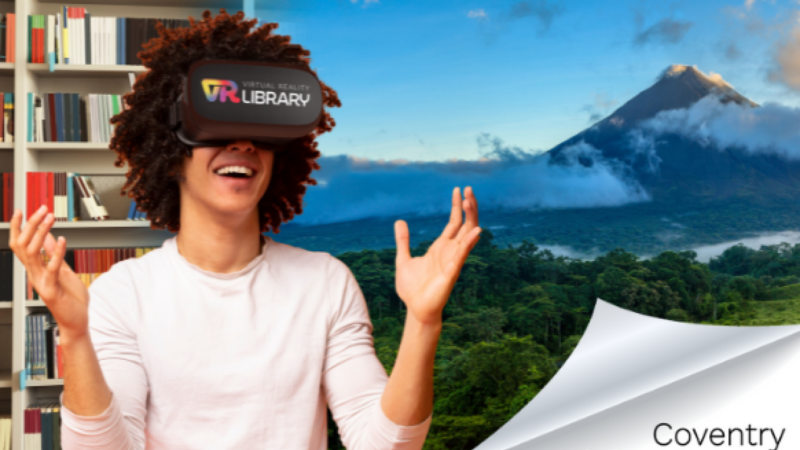 A collage of a person with AR goggles on with mount Fuji in the background