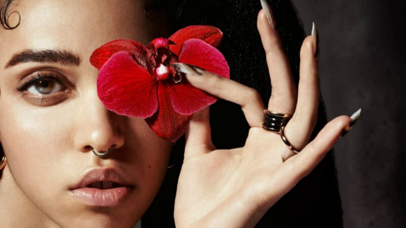 A photograph of FKA Twigs holding a flower