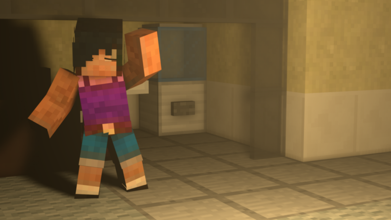 A still from Minecraft play of a Minecraft character