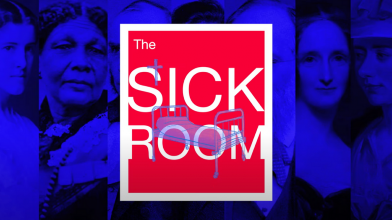 A poster for The Sick Room with historical figures in the background