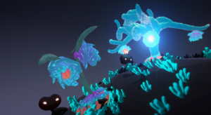 An animated image of brightly coloured plants and grasses on another planet.