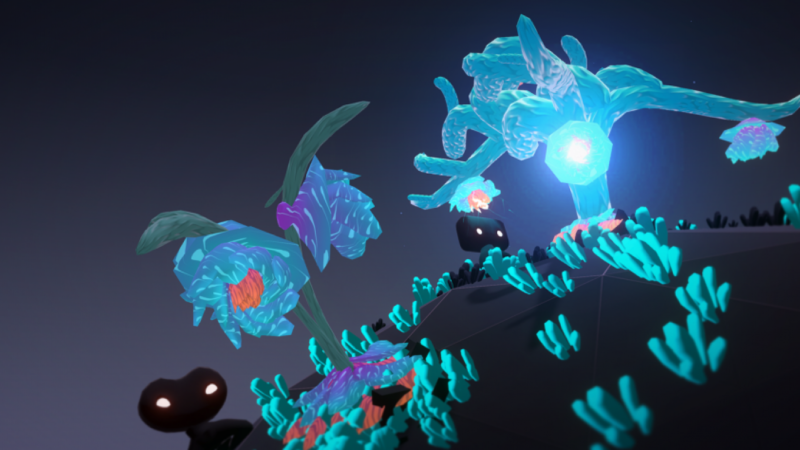 An animated image of brightly coloured plants and grasses on another planet.
