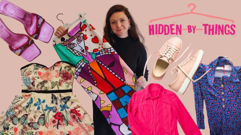 Laura Horton holding a colourful skirt among a collage of other clothing, on a light pink background