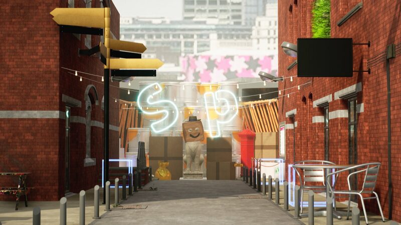 An animated image depicting a street in Digbeth, Birmingham. Red bricked buildings line each side of the street, with pavementsand bollards on each . A silver table and 2 chairs is positioned on the right hand pavement. The city scape is featured in the background.