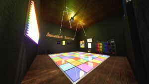 Animated image of a dark room with an illuminated colourful checkerboard floor. Illuminated pictures feature on each side of the room and 'Jasmine Gardosi' is written in neon lights on the wall facing us.