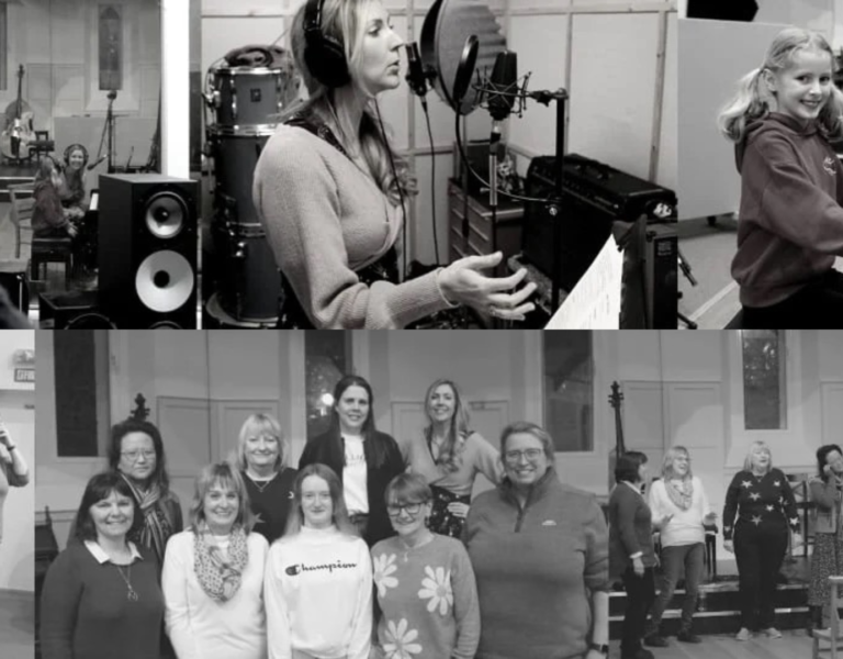 Black and white collage of the women involved with making the podcast in the recording studio, including a little girl playing the piano.
