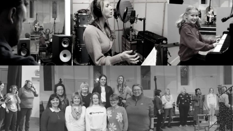 Black and white collage of the women involved with making the podcast in the recording studio, including a little girl playing the piano.