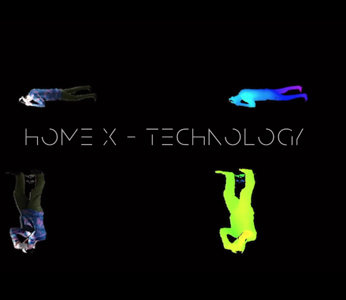 A dark image with light silhouettes of people wearing VR headsets. Text reads 'Home X'