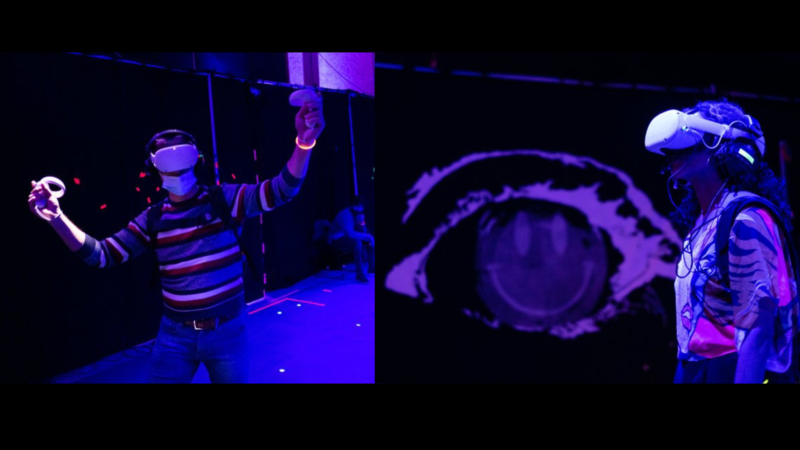 Two images of people using VR Headsets. On the left image a person wears a stripy jumper, a white VR headset and their arms are raised. They wear a glow stick bracelet on their left wrist. The right hand image shows a person standing in front of a picture of an eye. They wear a white VR headset. The lighting is dark in each image.