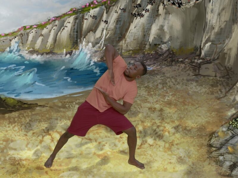 Male black dancer in shorts and t-shirt in front of an illustrated scene of cliffs and the sea