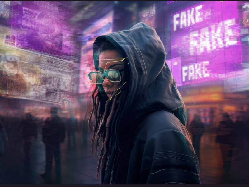 Animated or AI generated image showing a young person with long dreadlocks wearing dark shades and a hood. They look over their shoulder towards us. In the background we see buildings illuminated with signs saying 'Fake'.
