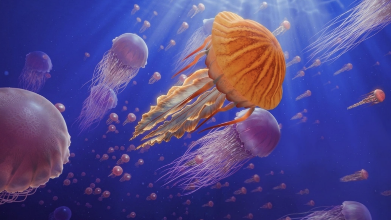 Animated image depicting a scene from a VR experience shows orange jellyfish with long tentacles swimming among purple jellyfish in sunlit deep blue ocean water.