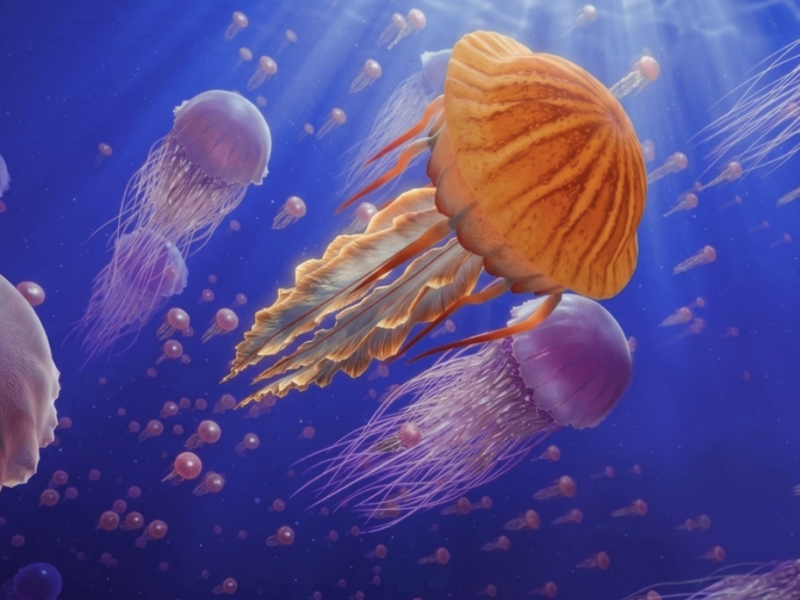 Animated image depicting a scene from a VR experience shows orange jellyfish with long tentacles swimming among purple jellyfish in sunlit deep blue ocean water.