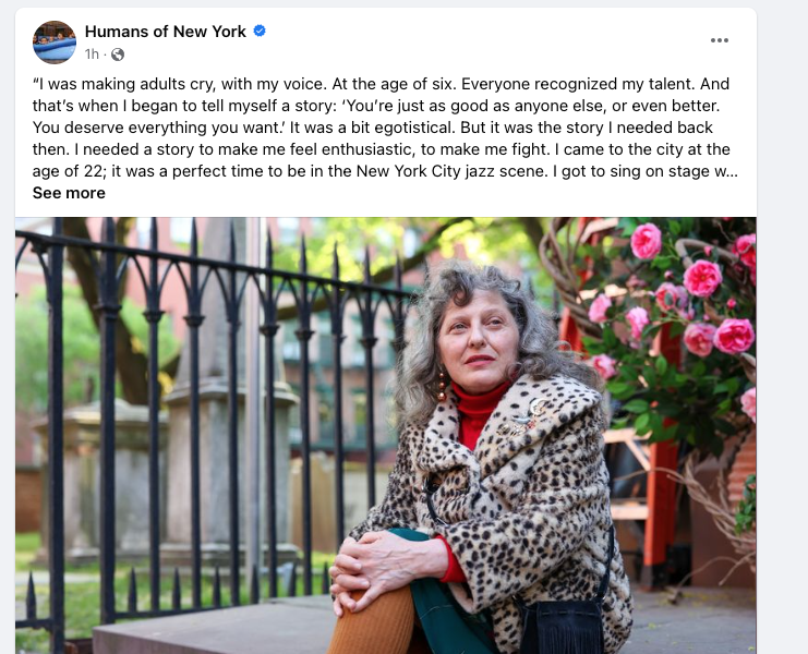 Humans of New York Facebook post features an image of a woman sat on a step wearing a furry coat and red top