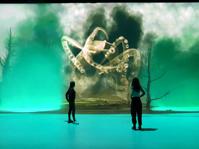 Two people in a large room look at a projection of a green object