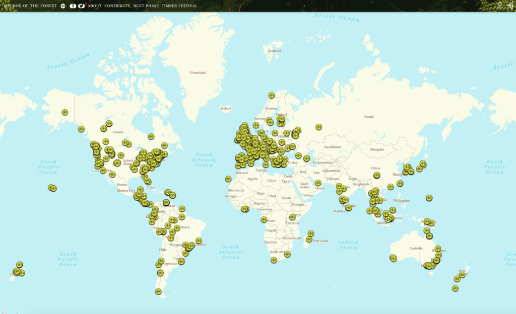 Map of the world with yellow pins in it to mark submissions to Sounds of the Forest.