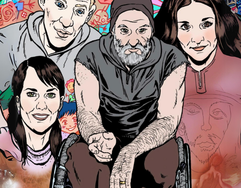 Colourful picture from Al Davidson's web comic, featuring Al in his wheelchair.
