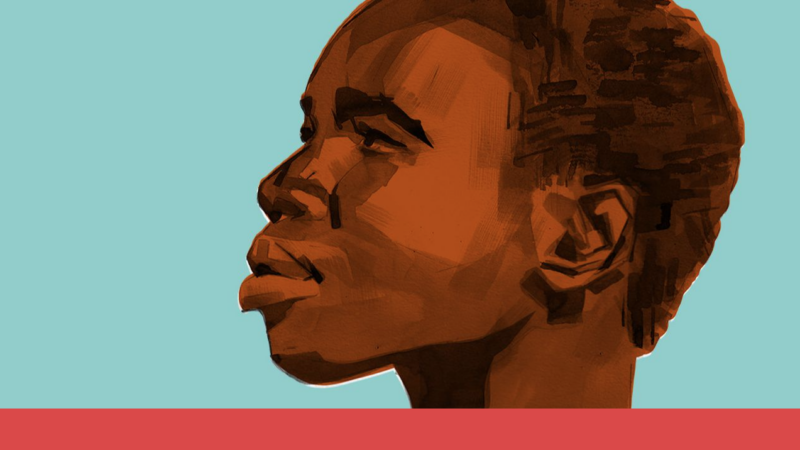 Painting of the profile of a young black boy, against a light blue background.