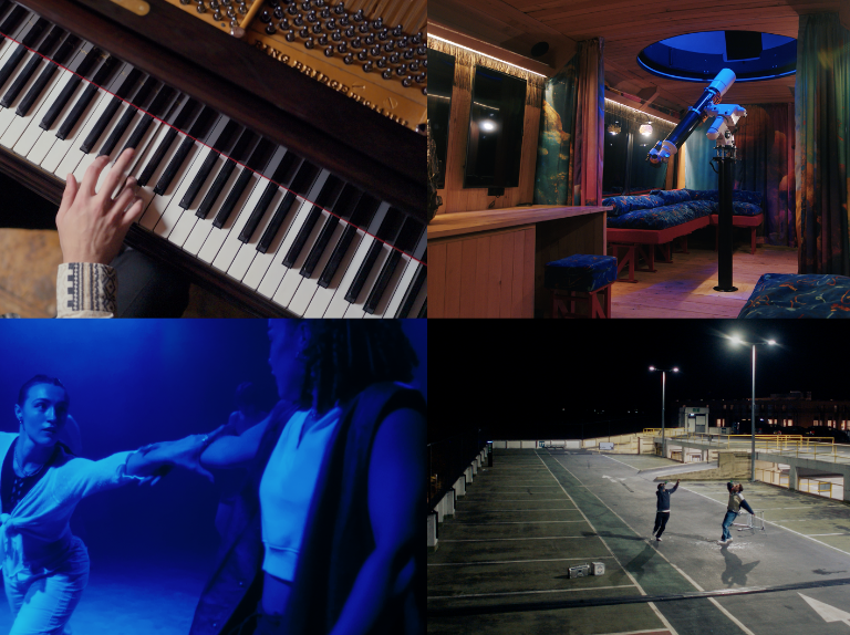 A collage of 4 images. Clockwise from top left, hands at a piano keyboard, a telescope points upwards towards an open window in a roof, 2 people dance in a club, aerial photo of 2 people on an empty rooftop car park