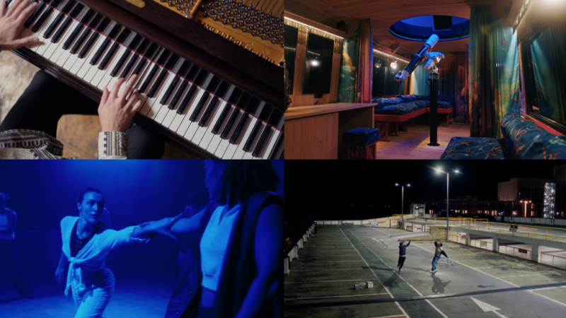 A collage of 4 images. Clockwise from top left, hands at a piano keyboard, a telescope points upwards towards an open window in a roof, 2 people dance in a club, aerial photo of 2 people on an empty rooftop car park