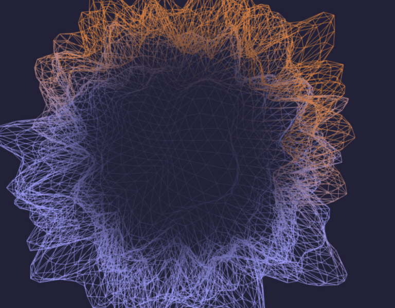 Computer generated image of a flower -like shape with blue and orange design, made up of intricate thin lines in a circular shape.