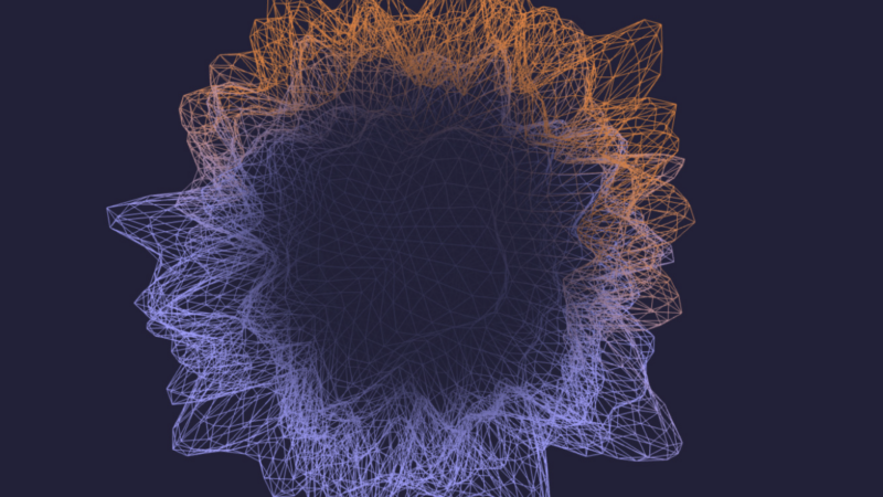 Computer generated image of a flower -like shape with blue and orange design, made up of intricate thin lines in a circular shape.