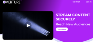 Spotlights shine through the dark. Text reads 'stream content securely'