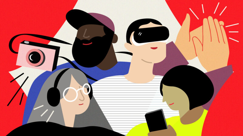 Illustration of a diverse group of people engaging with various digital media.
