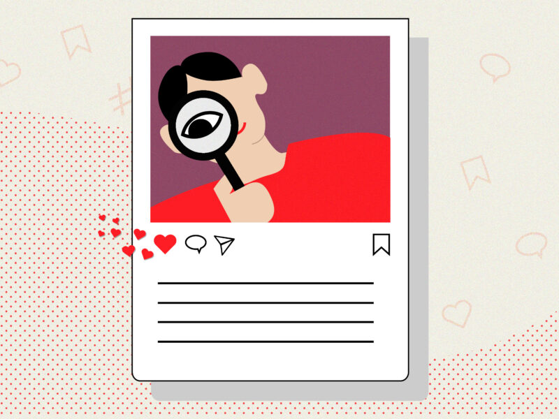 Illustration of a person smiling and holding up a magnifying glass to look at social media icons: a heart icon, a comment icon and a share icon.