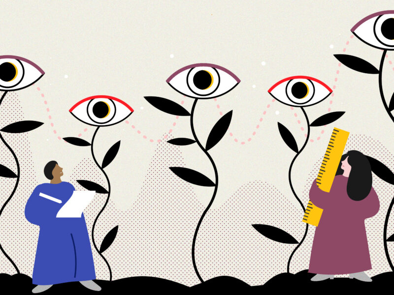 Illustration depicting two people observing and measuring tall plants with large, eye-like flowers.