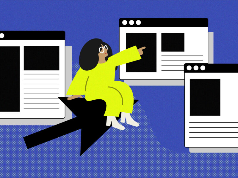 Illustration of a person sitting on a cursor and pointing at one of the three website browsers which surrounds them.