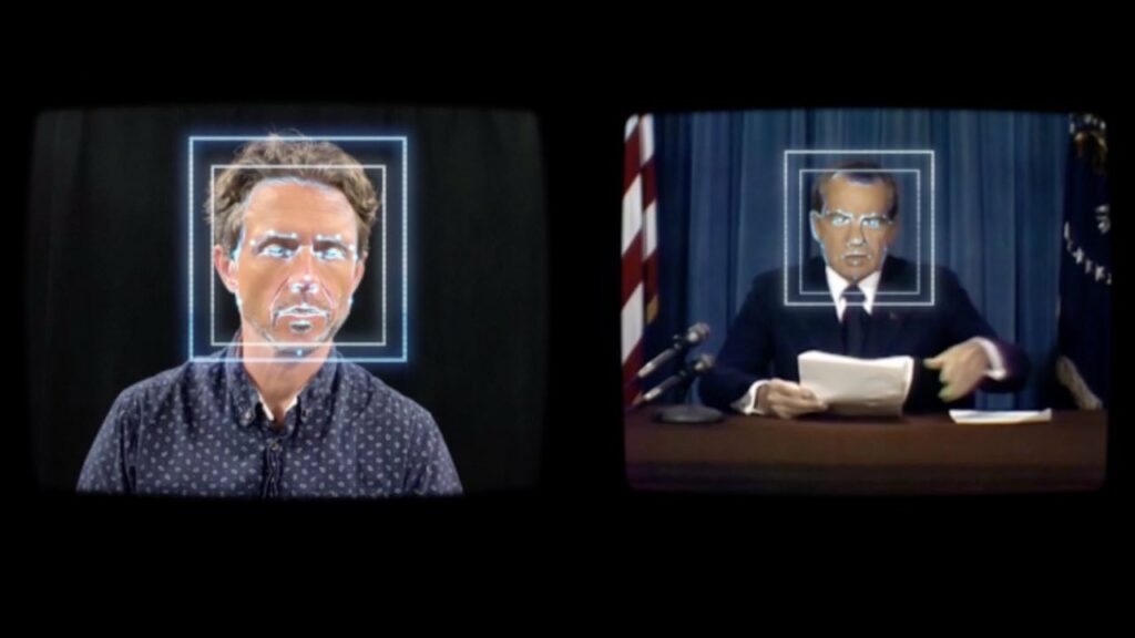 Side by side pictures of unnamed actor and Richard Nixon with AI mapping lines over their faces.
