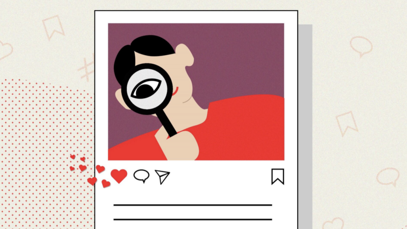 Illustration of a person smiling and holding up a magnifying glass to look at social media icons: a heart icon, a comment icon and a share icon.