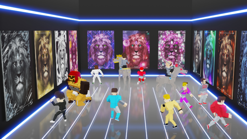 3D illustration of 3D humanoid avatars at a virtual exhibition of NFT pictures in the meta universe.