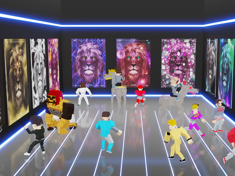 3D illustration of 3D humanoid avatars at a virtual exhibition of NFT pictures in the meta universe.