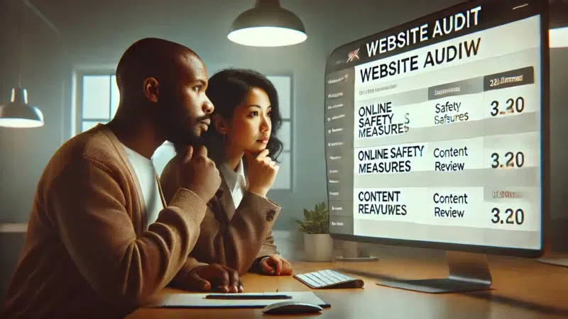 Two people look at a computer screen, examining their content analysic