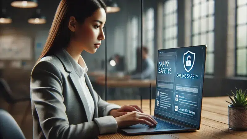 A person sat at a desk and a laptop. The screen displays online safety symbols