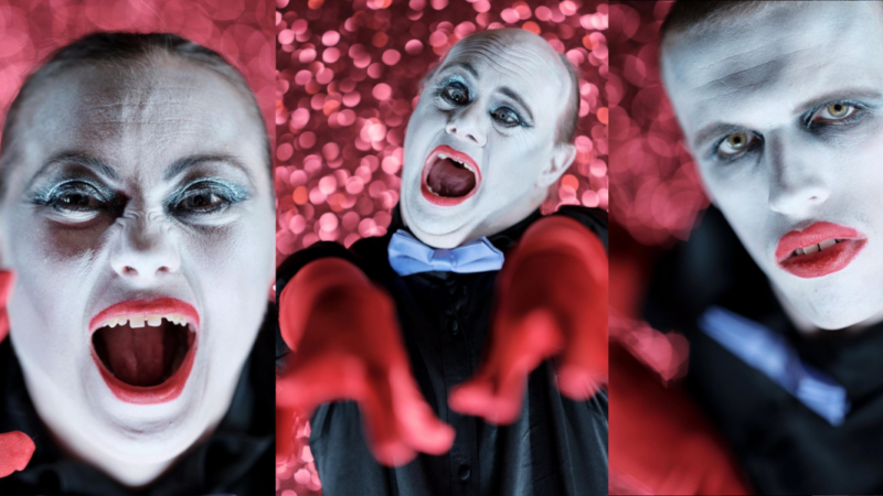 Triptych of photos of the actors from Bloodsuckers in theatrical vampire make-up.