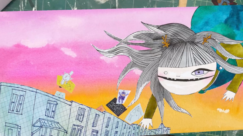 Colourful illustration of a girl in the foreground flying over a street