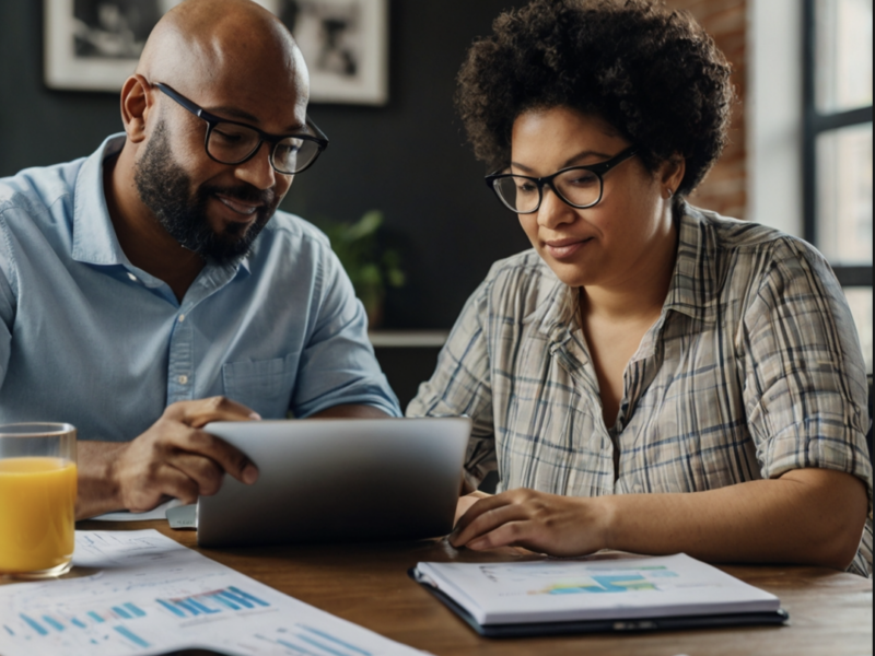 AI generated photograph of two people looking at iPads and writing pads on a desk