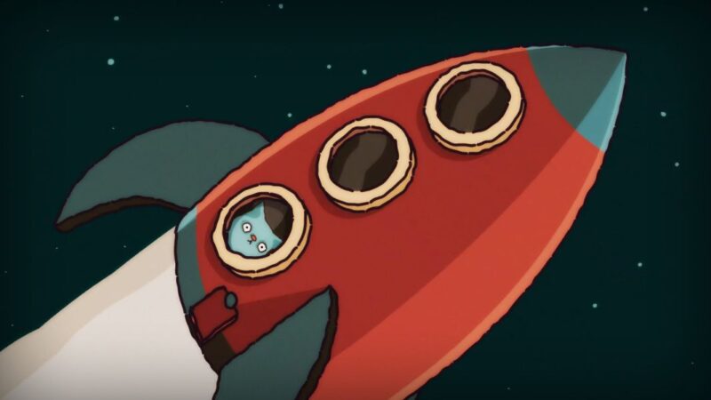 Illustration of a grey cat peering out of a red rocket ship.