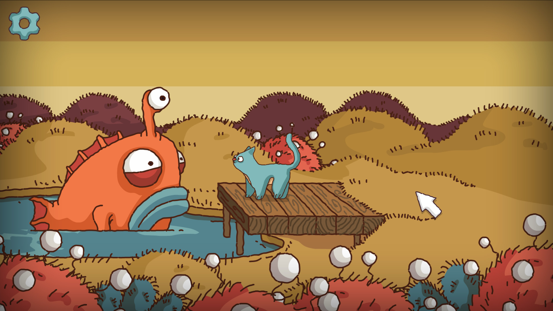 Illustration of a grey cat eye-to-eye with a giant three eyed fish.