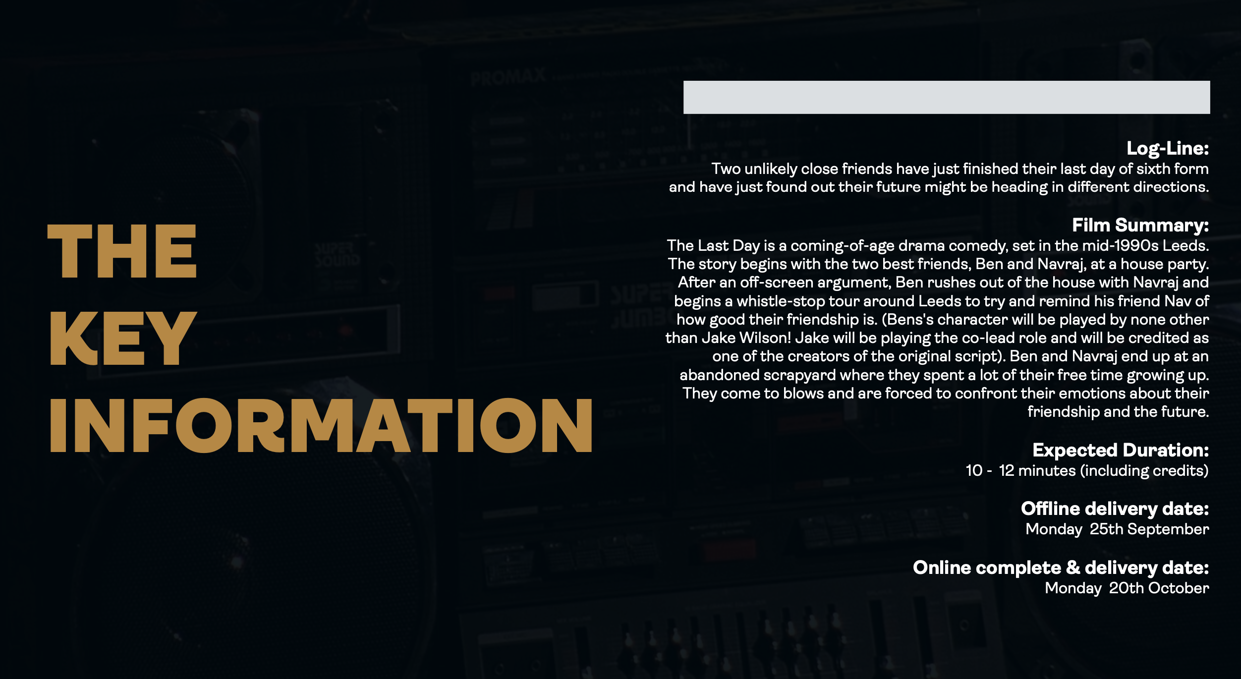 A slide from a presentation pitch deck that shows the key information to be presented to prospective funders about a new short film.