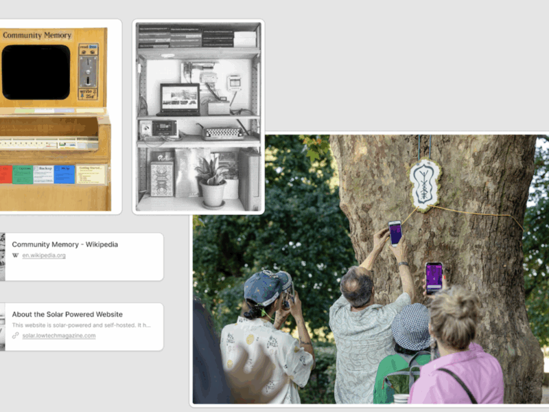 Group of people using smartphones to scan a solar-powered digital plaque attached to a large tree in a park