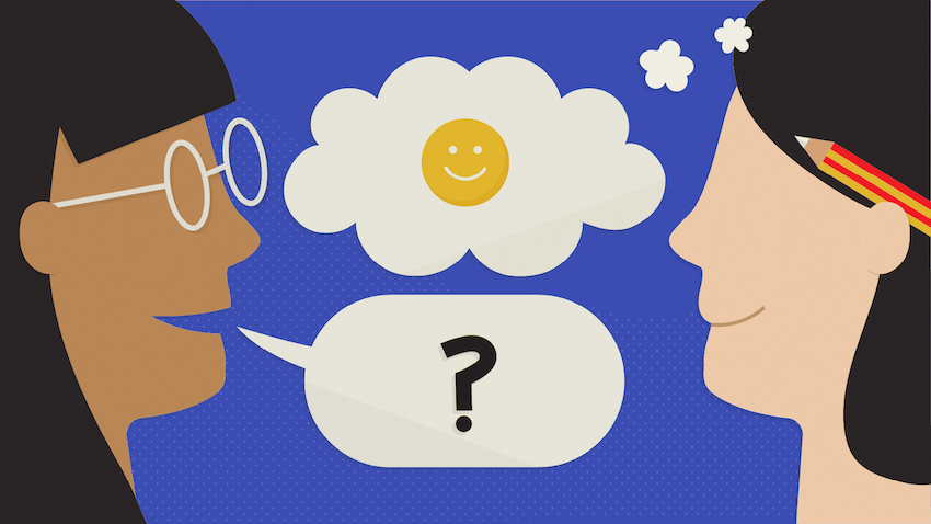 animated image of two heads talking to one another. Speech and thinking balloons feature in between the two heads