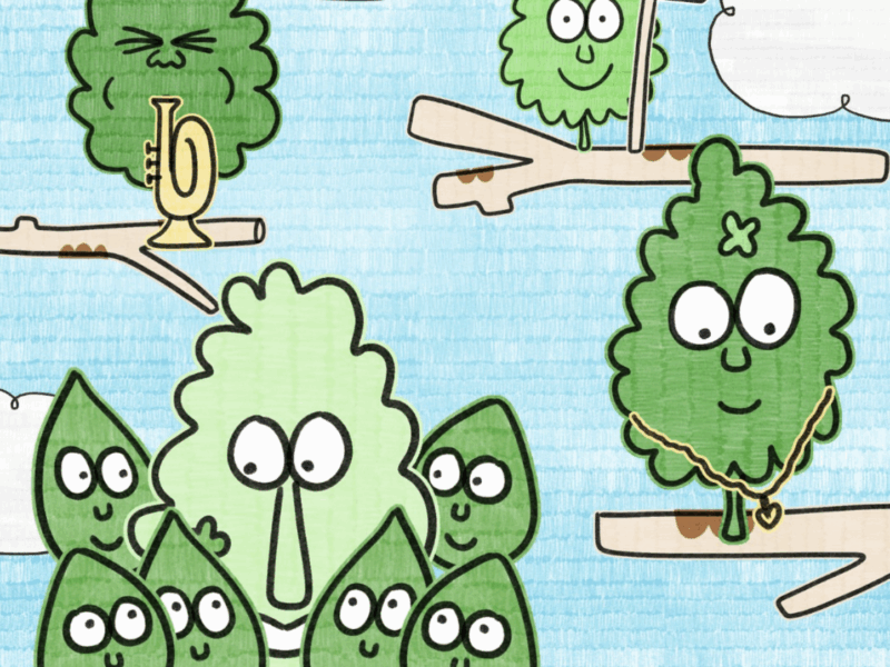 Animated images of leaves on branches. Each of the leaves has a smiling face. One holds a placard.