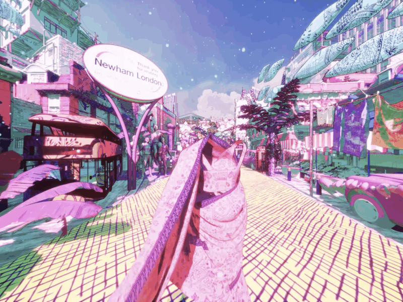 Colourful, animated image of a London street