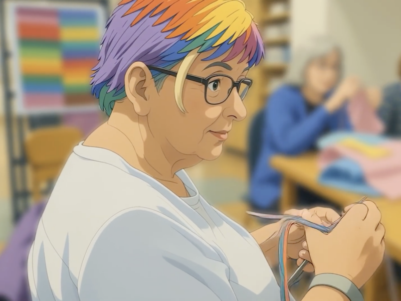 Animated image of a person with short hair knitting