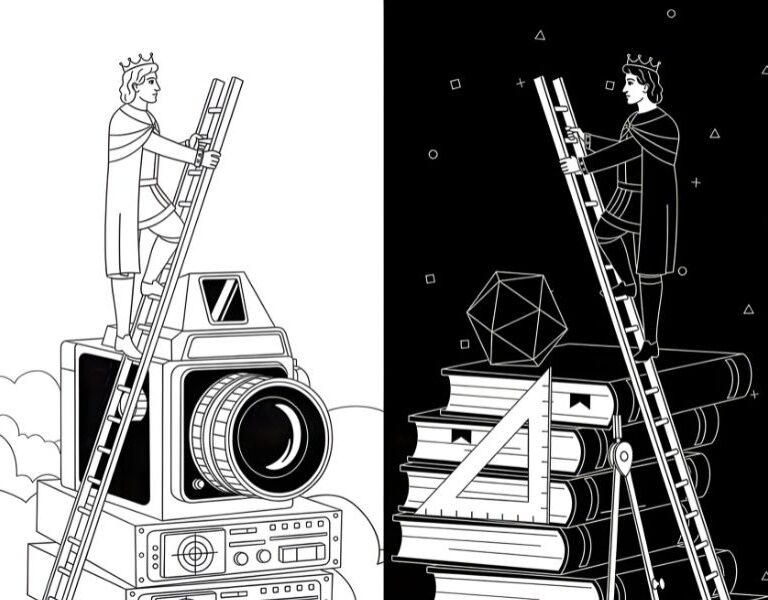 Split image from 'Image Empire' shows a figure in a crown climbing a ladder on the left side, standing on a vintage camera and audio equipment above clouds. The right side depicts a similar figure climbing a ladder on a stack of books, with a geometric shape and ruler, against a starry night sky.